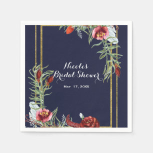 Rustic Fall Marsala Floral Navy Blue Gold Wedding Paper Napkins