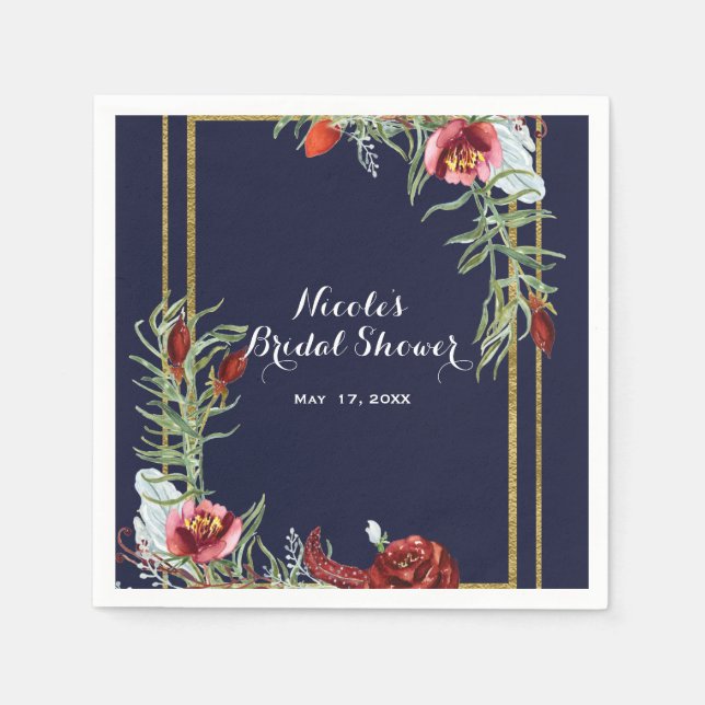 Rustic Fall Marsala Floral Navy Blue Gold Wedding Paper Napkins (Front)
