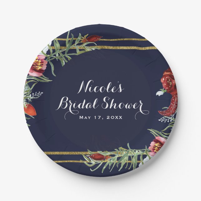 Rustic Fall Marsala Floral Navy Blue Gold Wedding Paper Plates (Front)