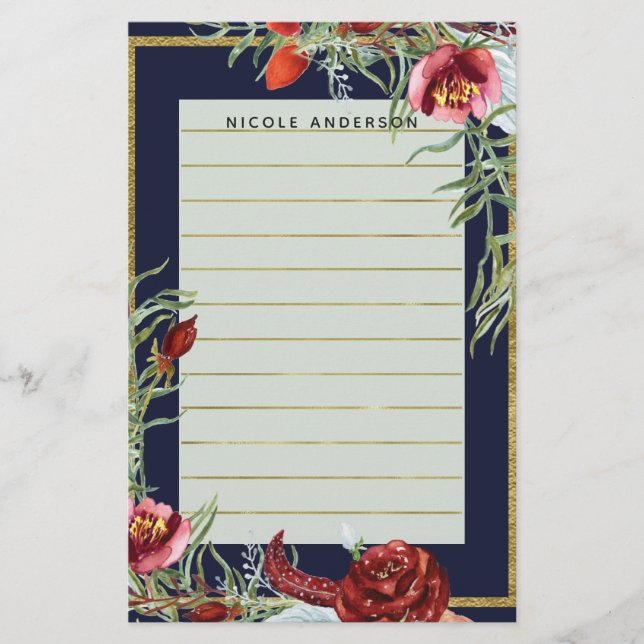 Rustic Fall Marsala Floral Navy Blue Modern Custom Stationery (Front)