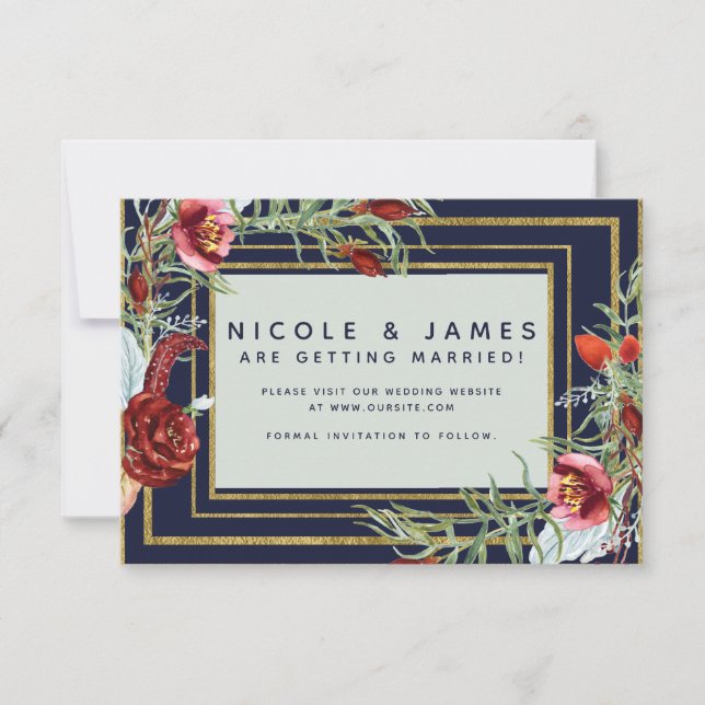 Rustic Fall Marsala Floral Navy Blue Save the Date (Front)