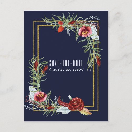 Rustic Fall Marsala Floral Navy Blue Save the Date Announcement Postcard
