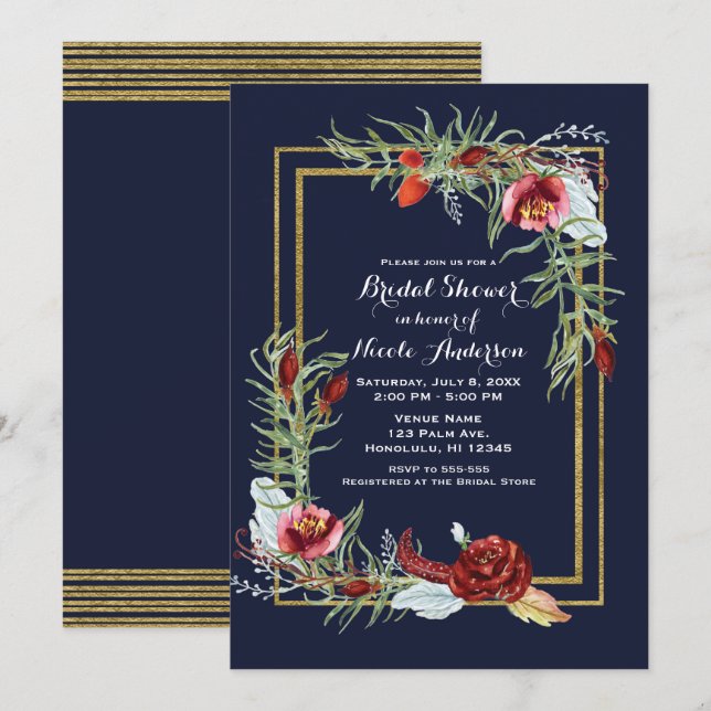 Rustic Fall Marsala Floral Navy Gold Bridal Shower Invitation (Front/Back)
