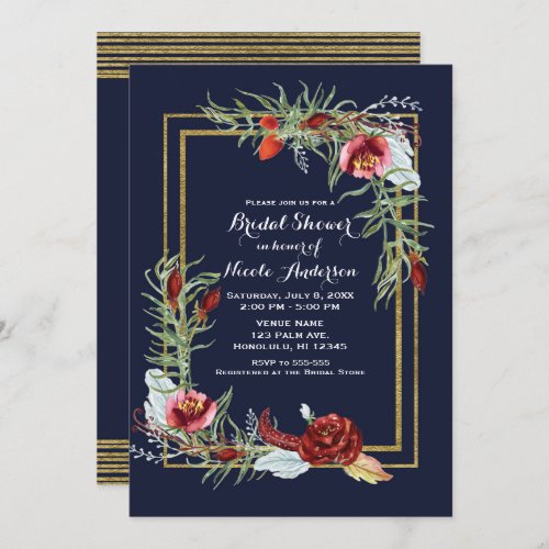 Rustic Fall Marsala Floral Navy Gold Bridal Shower Invitation