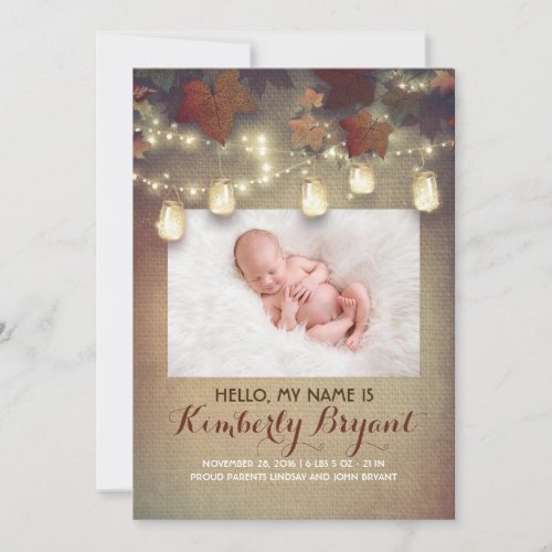 Rustic Fall Mason Jar Lights Baby Photo Birth Announcement - Rustic mason jar string lights fall baby photo birth announcement