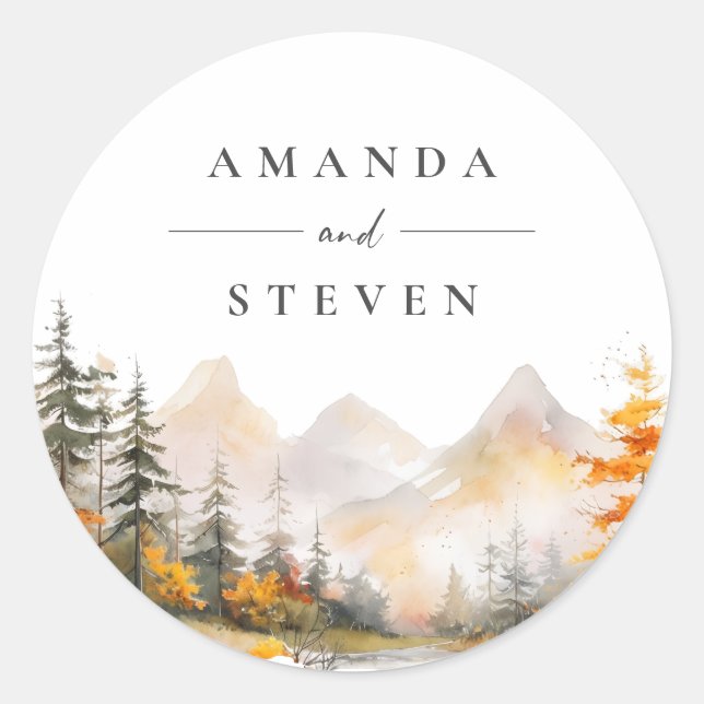 Rustic Fall Mountain Pine Forest Wedding Classic Round Sticker (Front)