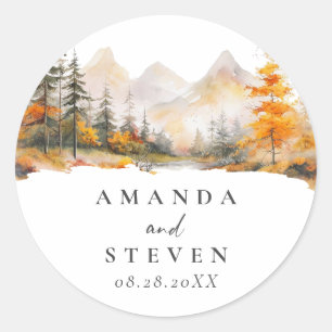 Rustic Fall Mountain Pine Forest Wedding Classic Round Sticker
