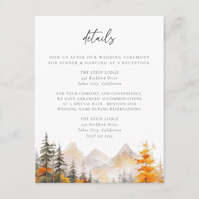 Rustic Fall Mountain Pine Forest Wedding Details Enclosure Card (Front)