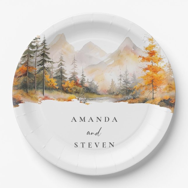 Rustic Fall Mountain Pine Forest Wedding Paper Plates (Front)