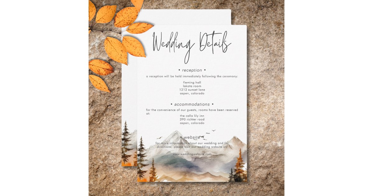 Rustic Fall Mountain Scene Watercolor Details Enclosure Card | Zazzle