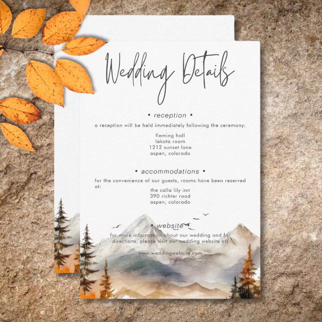 Rustic Fall Mountain Scene Watercolor Details Enclosure Card | Zazzle