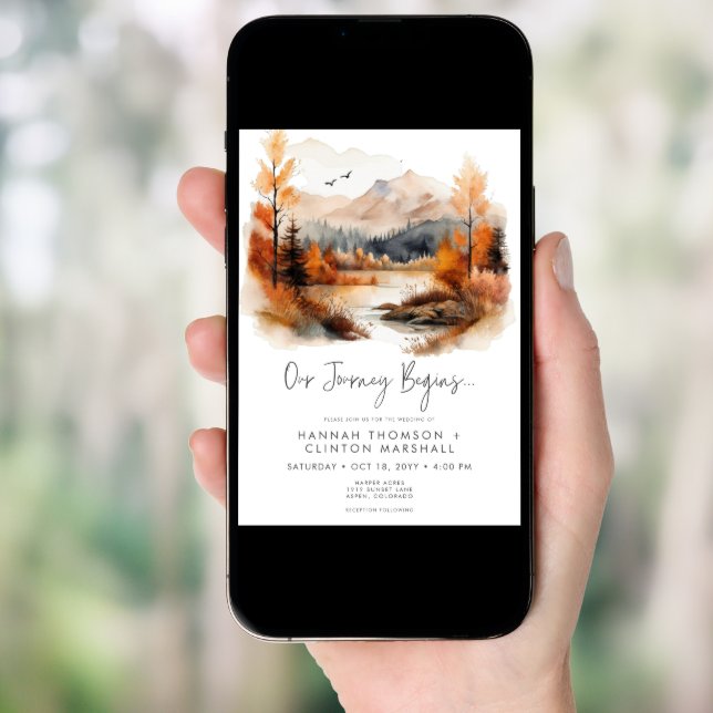 Rustic Fall Mountain Scene Watercolor Wedding Invitation (Front Digital)