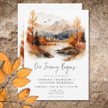 Rustic Fall Mountain Scene Watercolor Wedding Invitation<br><div class="desc">Escape to a serene autumn mountain retreat with your wedding invitation. This exquisite design showcases a breathtaking watercolor painting of a majestic mountain, surrounded by trees adorned with fall foliage, their beauty flanking the serene waters. The muted natural tones of tan, brown, rust, gold and grays create a timeless and...</div>