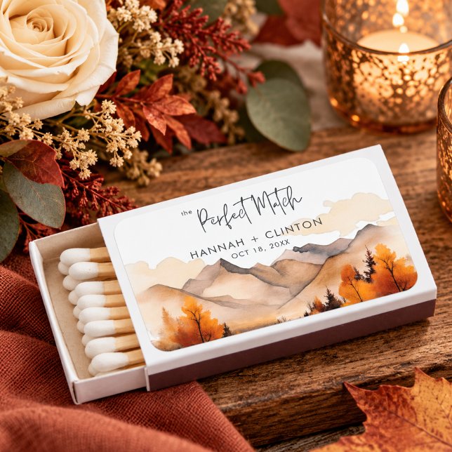Rustic Fall Mountain Scene Watercolor Wedding Matchboxes (Creator Uploaded)