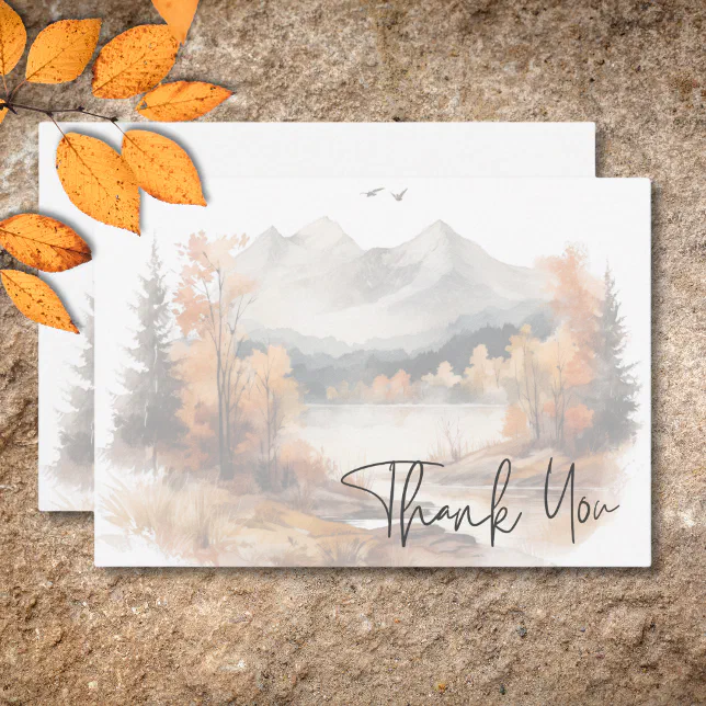 Rustic Fall Mountain Scene Watercolor Wedding Thank You Card | Zazzle