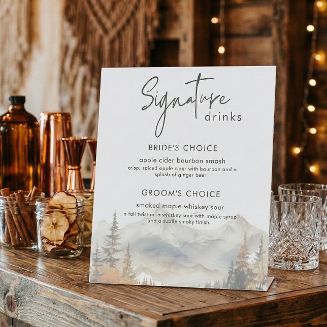 Rustic Fall Mountain Scene Wedding Signature Drink Pedestal Sign (Creator Uploaded)