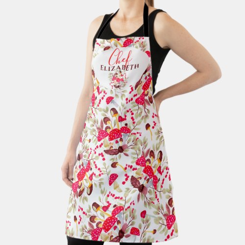 Rustic fall mushroom leaf watercolor pattern name apron