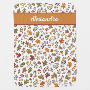 Rustic Fall Mushroom Leaves Woodland Monogram Name Baby Blanket