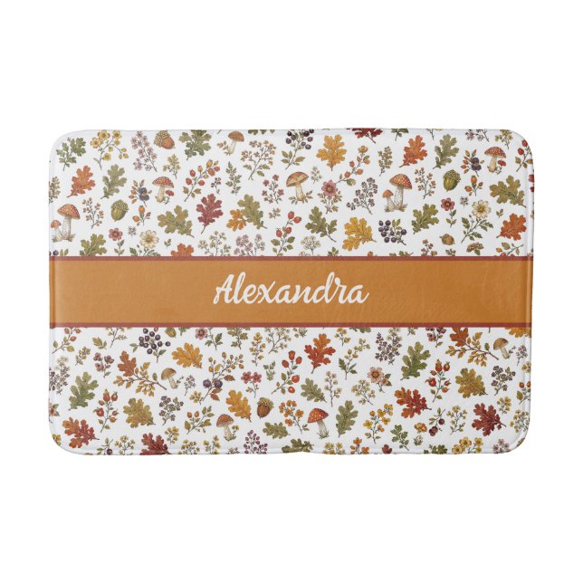 Rustic Fall Mushroom Leaves Woodland Monogram Name Bath Mat (Front)