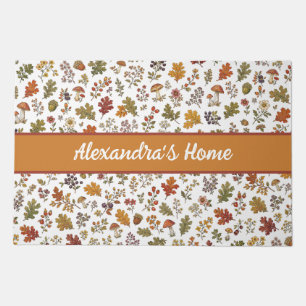 Rustic Fall Mushroom Leaves Woodland Monogram Name Doormat