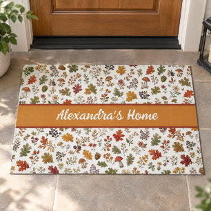 Rustic Fall Mushroom Leaves Woodland Monogram Name Doormat