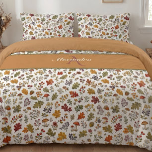 Rustic Fall Mushroom Leaves Woodland Monogram Name Duvet Cover