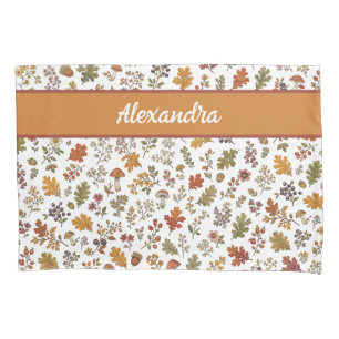 Rustic Fall Mushroom Leaves Woodland Monogram Name Pillow Case
