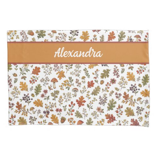 Rustic Fall Mushroom Leaves Woodland Monogram Name Pillow Case