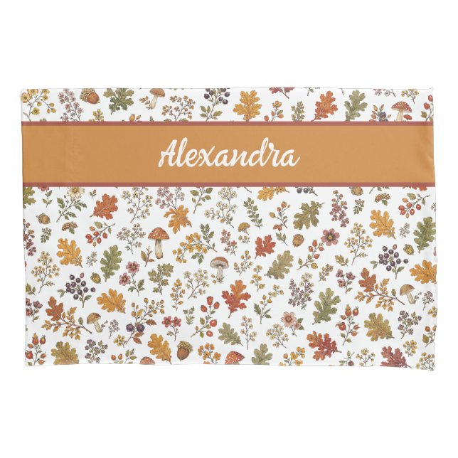 Rustic Fall Mushroom Leaves Woodland Monogram Name Pillow Case (Front)