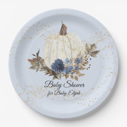 Rustic Fall Navy Blue Floral Pumpkin Baby Shower Paper Plates