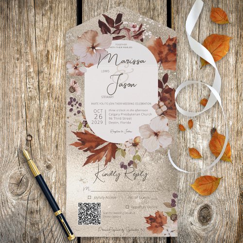 Rustic Fall Neutral Wreath Gold QR Code All In One Invitation