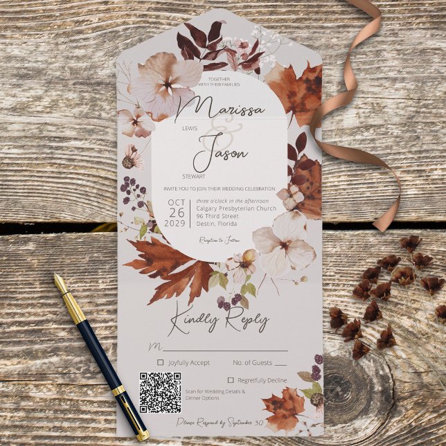 Rustic Fall Neutral Wreath Gray QR Code All In One Invitation (Also available without a QR code; with or without dinner selection options.)