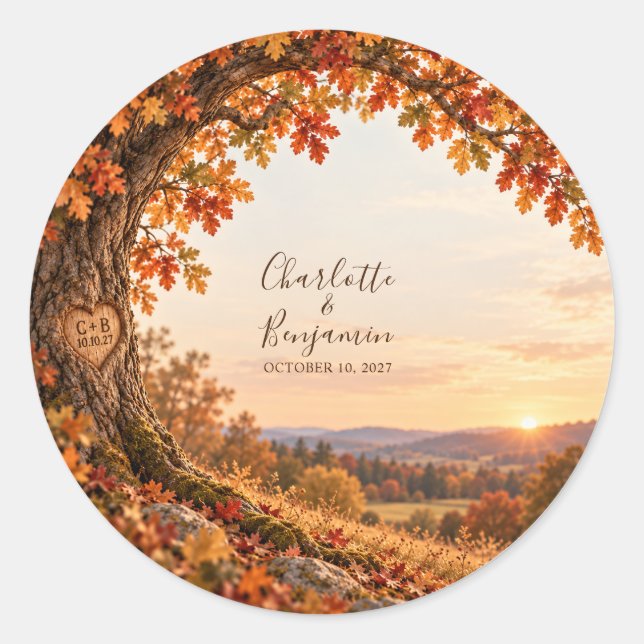 Rustic Fall Oak Tree Sunset Wedding Classic Round Sticker (Front)