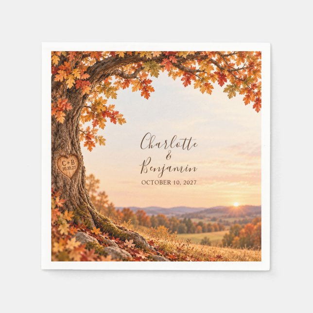 Rustic Fall Oak Tree Sunset Wedding Paper Napkins (Front)