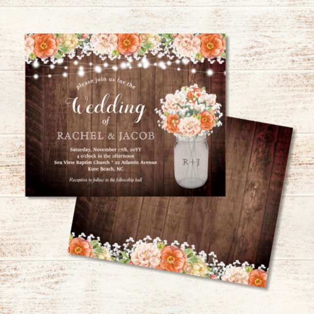 Rustic Fall Orange Mason Jar Lights Budget Wedding (Rustic Mason Jar with Fall Florals & String Lights Wedding Invitation)