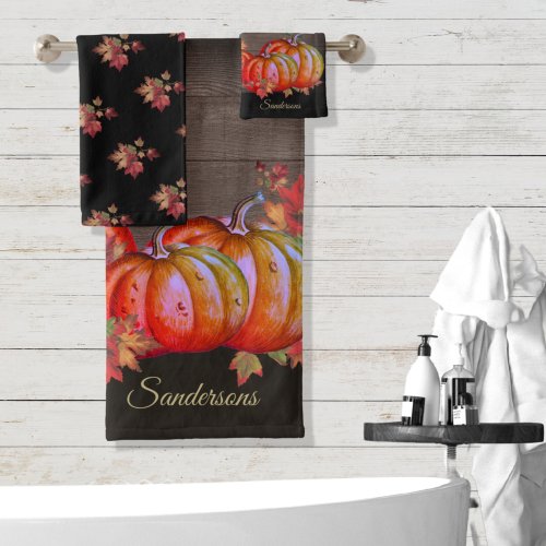 Rustic  Fall Orange Pumpkin Cute Wood Bath Towel