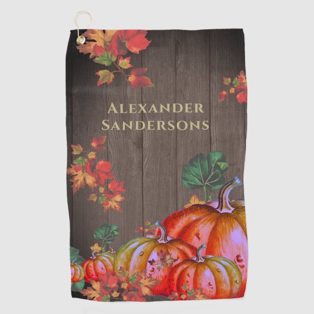 Rustic  Fall Orange Pumpkin Cute Wood Golf Towel (Front)