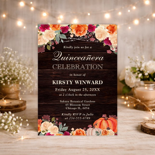 Rustic Fall Orange Pumpkin Floral Quinceanera Invitation (Creator Uploaded)