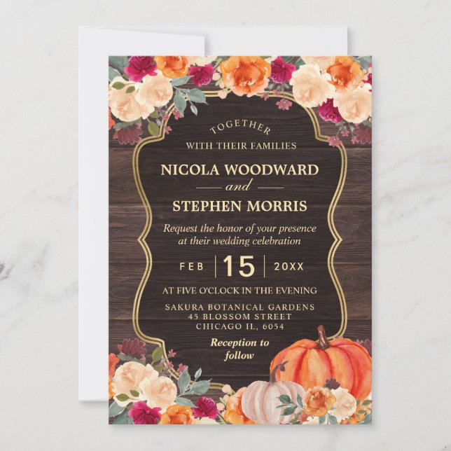 Rustic Fall Orange Pumpkin floral wedding Invitation (Front)