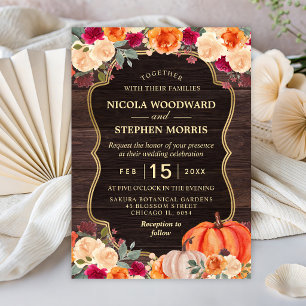 Rustic Fall Orange Pumpkin floral wedding Invitation