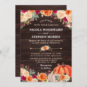 Rustic Fall Orange Pumpkin Floral Wedding Invitation