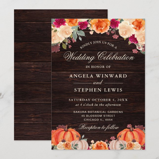 Rustic Fall Orange Pumpkin Floral Wedding Invitation (Front/Back)