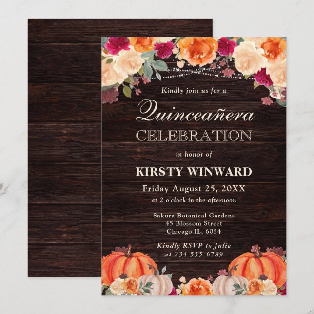 Rustic Fall Orange Pumpkins Floral Quinceanera Invitation (Front/Back)