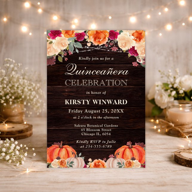 Rustic Fall Orange Pumpkins Floral Quinceanera Invitation (Creator Uploaded)