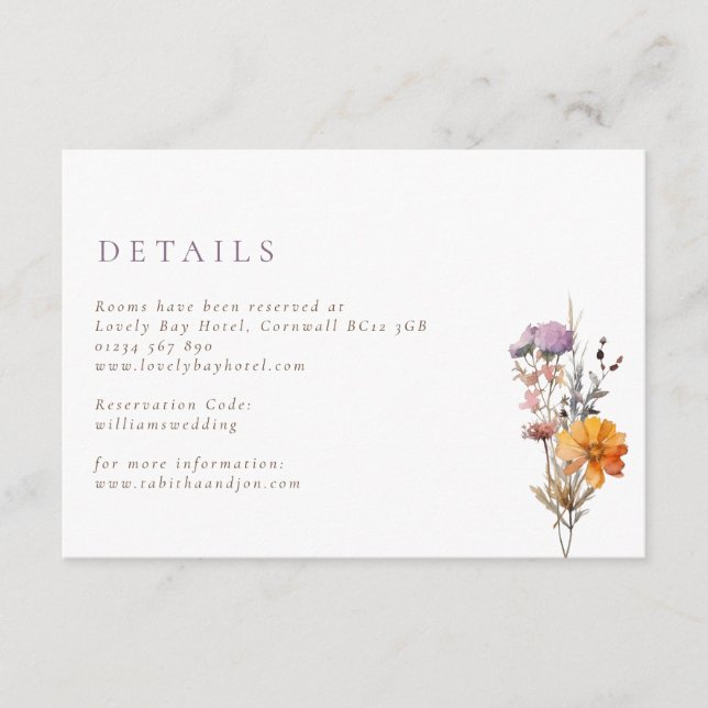 Rustic Fall Orange & Purple Wildflowers Wedding Enclosure Card (Front)