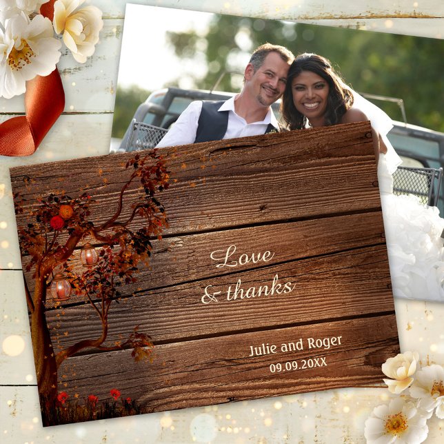 Rustic Fall Photo Wedding Thank You Card (Wedding Thank You card featuring an autumn tree with festive lanterns and roses on rustic wood)