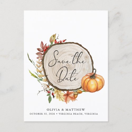 Rustic Fall Photo Wood Slice Boho Save the Date  Announcement Postcard