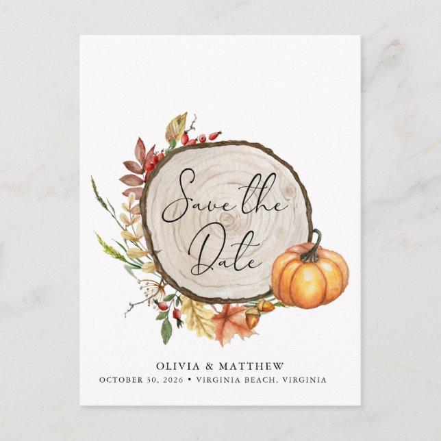 Rustic Fall Photo Wood Slice Boho Save the Date  Announcement Postcard (Front)