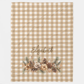 Rustic Fall Pine Cones Brown Gingham Personalized  Fleece Blanket