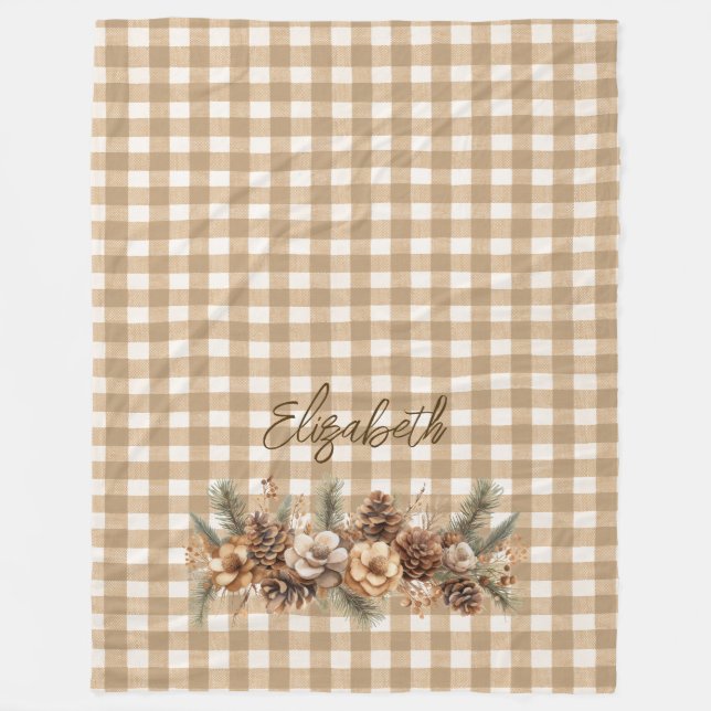 Rustic Fall Pine Cones Brown Gingham Personalized  Fleece Blanket (Front)